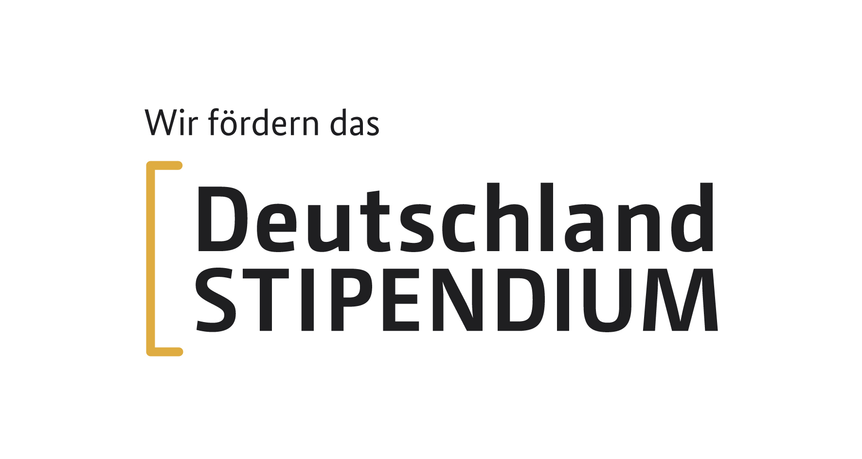Das Logo des Deutschlandstipendium. Zu sehen ist der Schriftzug 'Deutschland STIPENDIUM' umfasst von einer gelben eckigen Klammer am linken Rand des Schriftzugs. Darüber steht der Schriftzug 'Wir fördern das'.