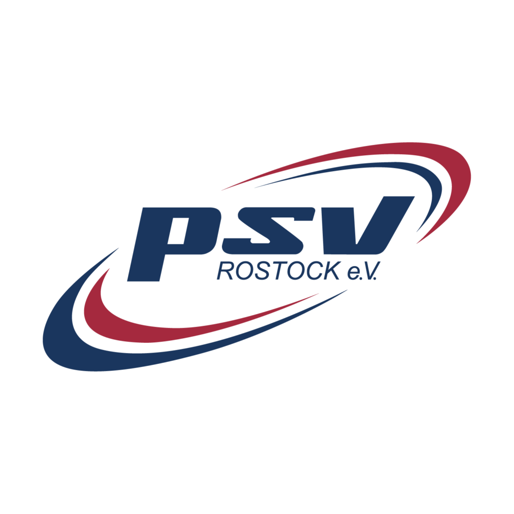 Das Logo des PSV Rostock. Zu sehen ist der Schriftzug 'PSV Rostock e.V.' umrandet von schwunghaften roten und blauen Linien.