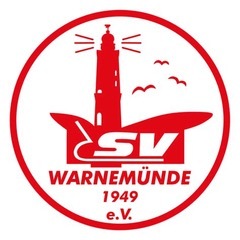 Das Logo des SV Warnemünde. Zu sehen ist ein roter Ring in dem der Leuchtturm und der Teepott in Warnemünde abgebildet sind. Außerdem steht der Schriftzug 'SV Warnemünde 1949 e.V.' im Teepott.